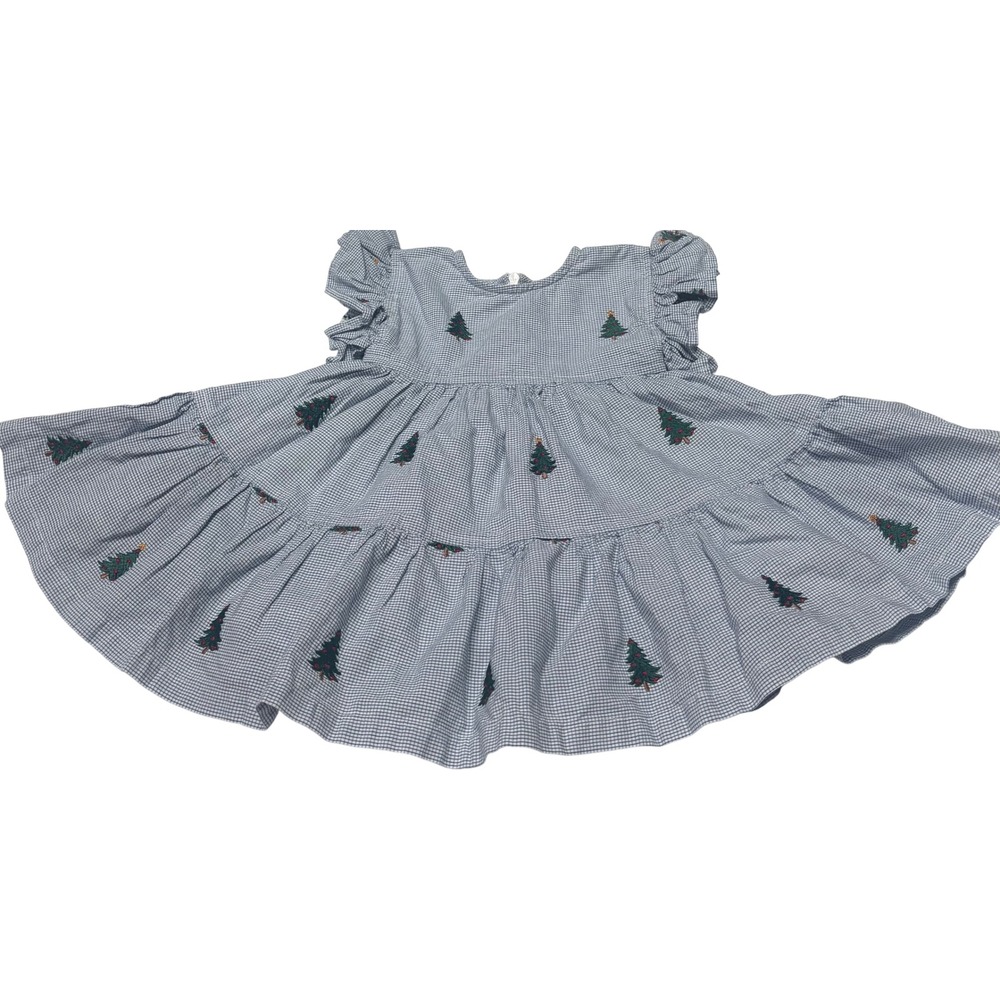 Pink Chicken Baby Girl Blue Gingham Christmas Tree Embroidered Tiered Dress 3-6M